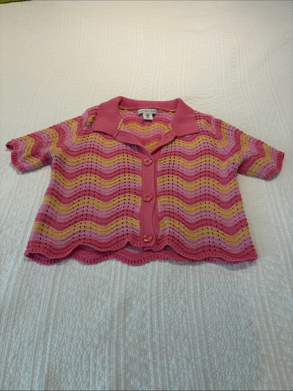 Sincerely Jules Pink & Yellow Wave-Stripe Knit Button Front Top
